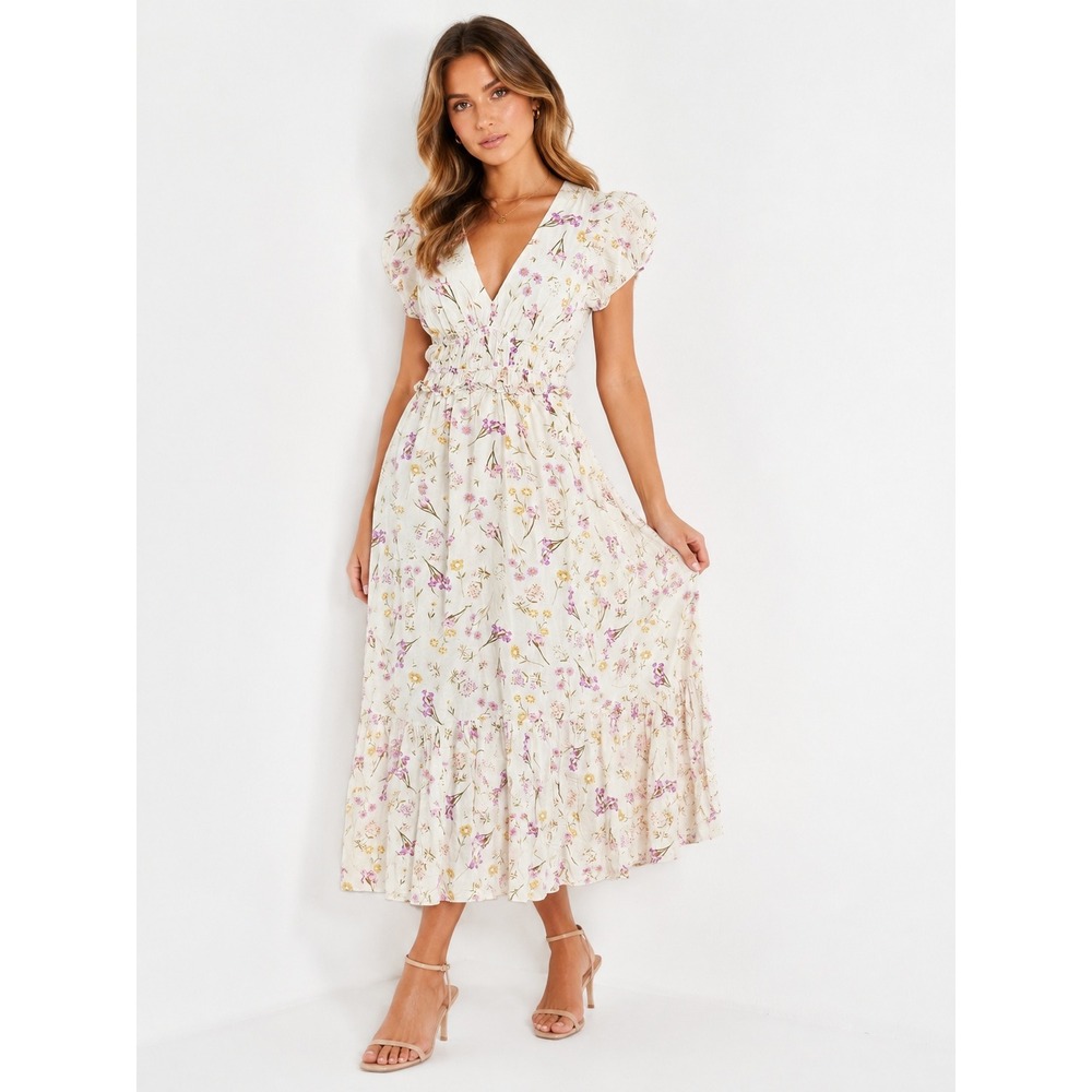 & Other Stories Dress 2 White Floral Smocked Maxi Babydoll Boho Cottage Romantic